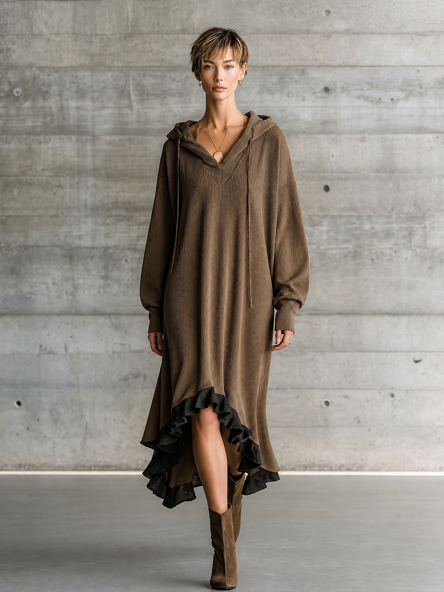 Women's Long Sleeve Hooded Corduroy Brown Dress MDZ0516H7YZJ