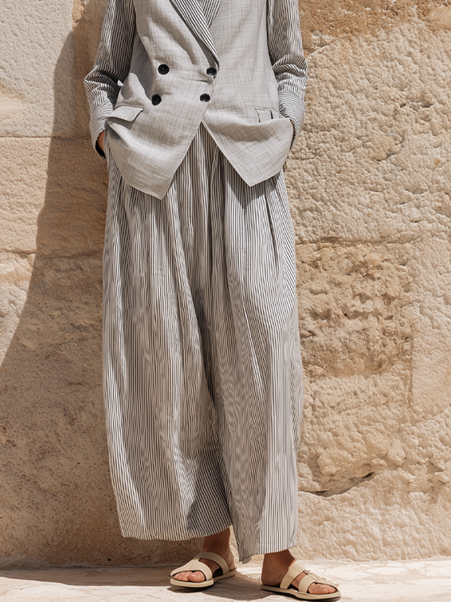 Women's Double Breasted Striped Linen Casual Lapel Wide Leg Two Piece Set MDZ0583H7LYL