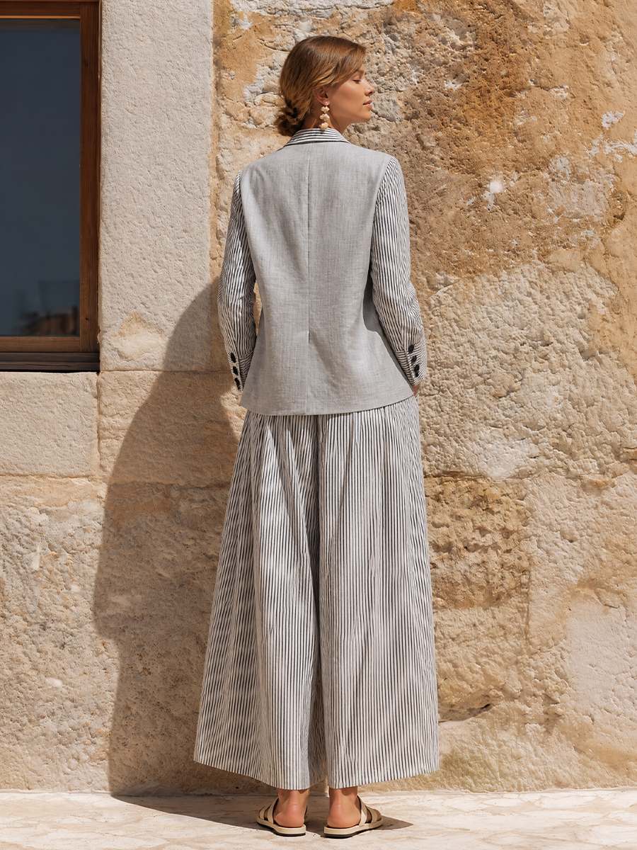 Women's Double Breasted Striped Linen Casual Lapel Wide Leg Two Piece Set MDZ0583H7LYL