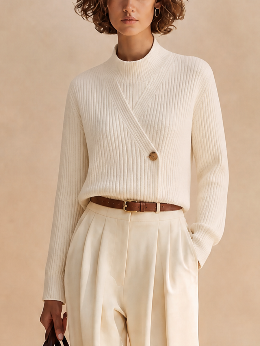 Women's Elegant Ribbed-Knit Mock-Neck Button-Detail Long-Sleeve Sweater MDZ0560H0CMX