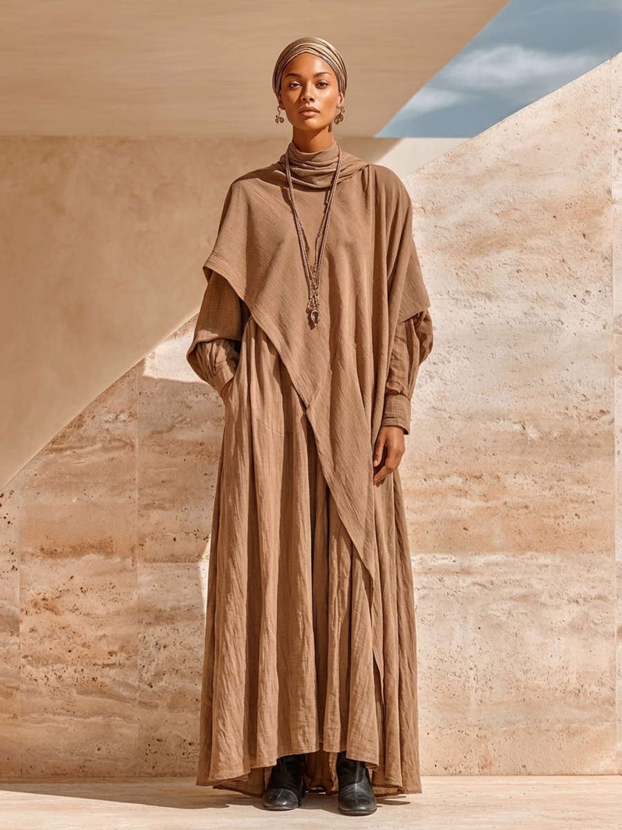 Women's Layered Draped Linen Boho Cowl Neck Loose Maxi Dress MDZ0572H0LYL