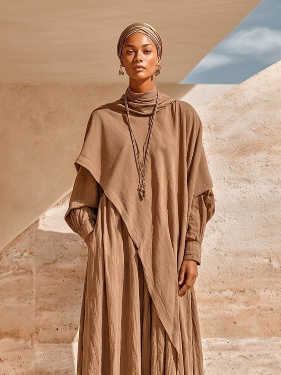 Women's Layered Draped Linen Boho Cowl Neck Loose Maxi Dress MDZ0572H0LYL