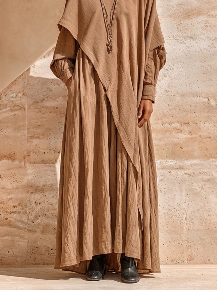 Women's Layered Draped Linen Boho Cowl Neck Loose Maxi Dress MDZ0572H0LYL