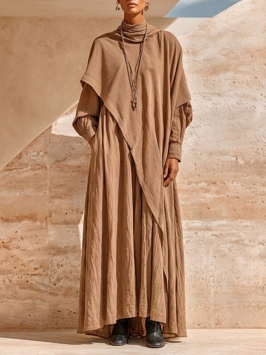 Women's Layered Draped Linen Boho Cowl Neck Loose Maxi Dress MDZ0572H0LYL