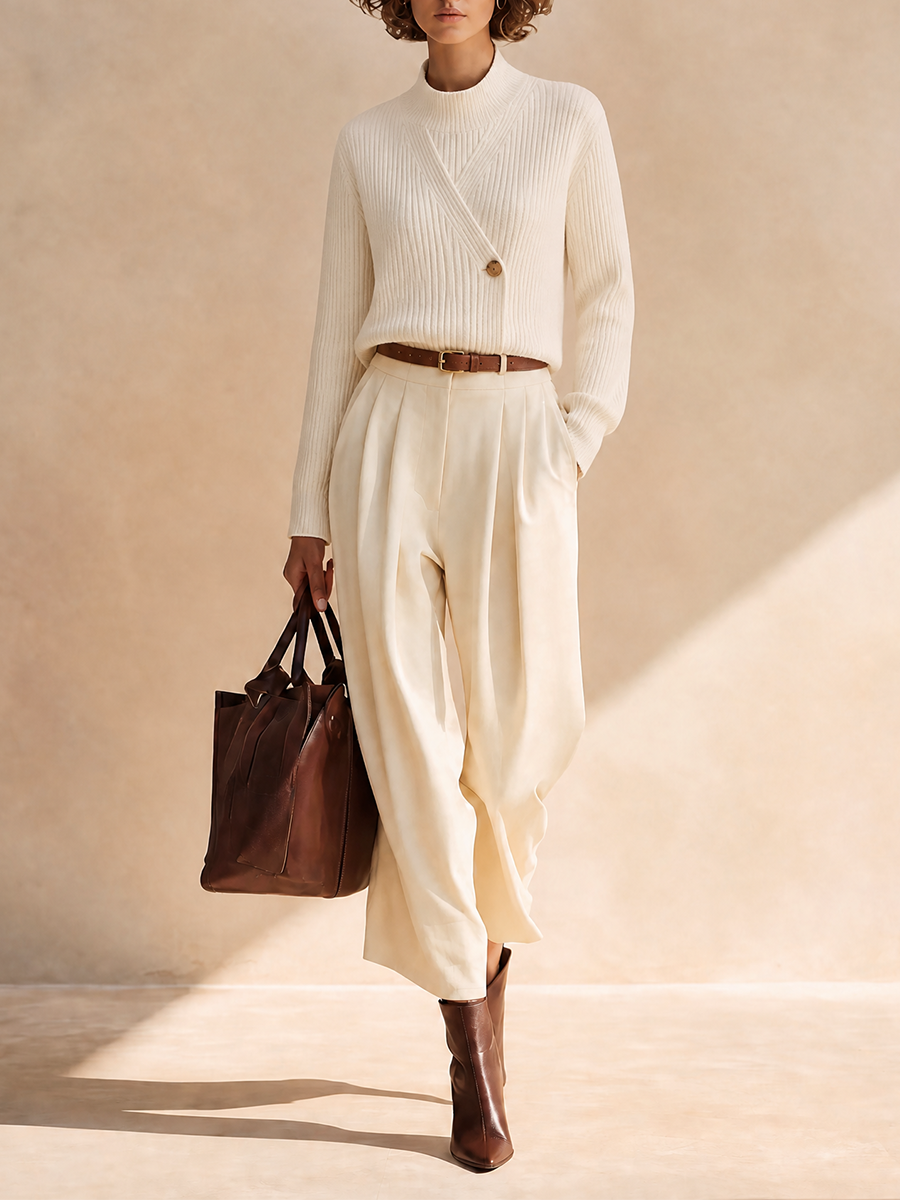 Women's Elegant Ribbed-Knit Mock-Neck Button-Detail Long-Sleeve Sweater & High-Waisted Pleated Wide-Leg Trouser Set MDZ0596H5CMX