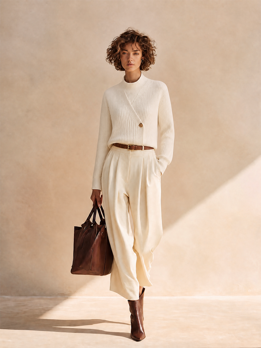 Women's Elegant Ribbed-Knit Mock-Neck Button-Detail Long-Sleeve Sweater & High-Waisted Pleated Wide-Leg Trouser Set MDZ0596H5CMX