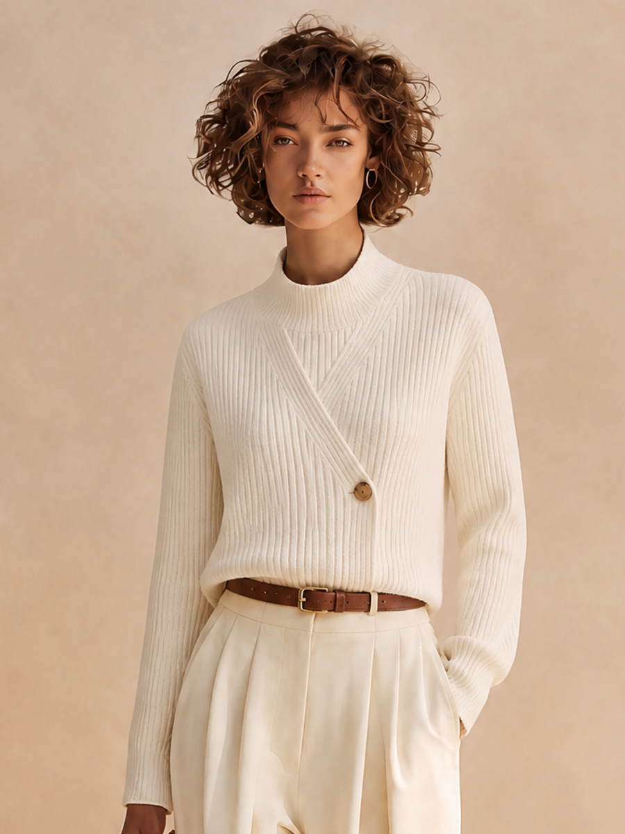 Women's Elegant Ribbed-Knit Mock-Neck Button-Detail Long-Sleeve Sweater & High-Waisted Pleated Wide-Leg Trouser Set MDZ0596H5CMX