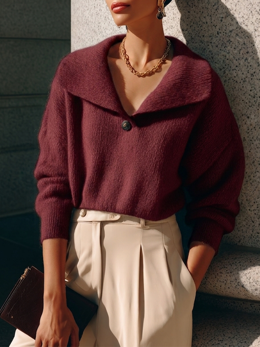 Women's Lapel Single Button Elegant Commuter V Neck Knit Sweater MDZ0530H7LYL