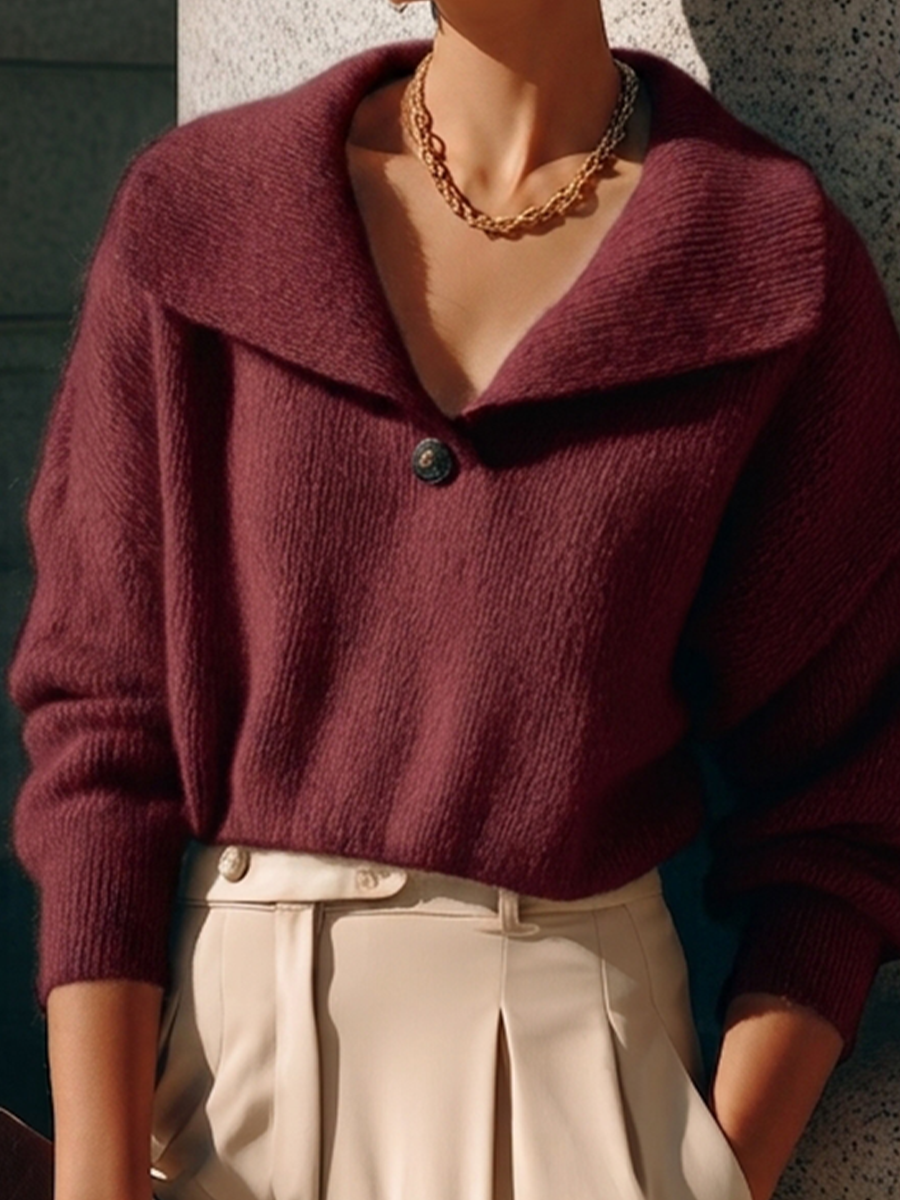 Women's Lapel Single Button Elegant Commuter V Neck Knit Sweater MDZ0530H7LYL