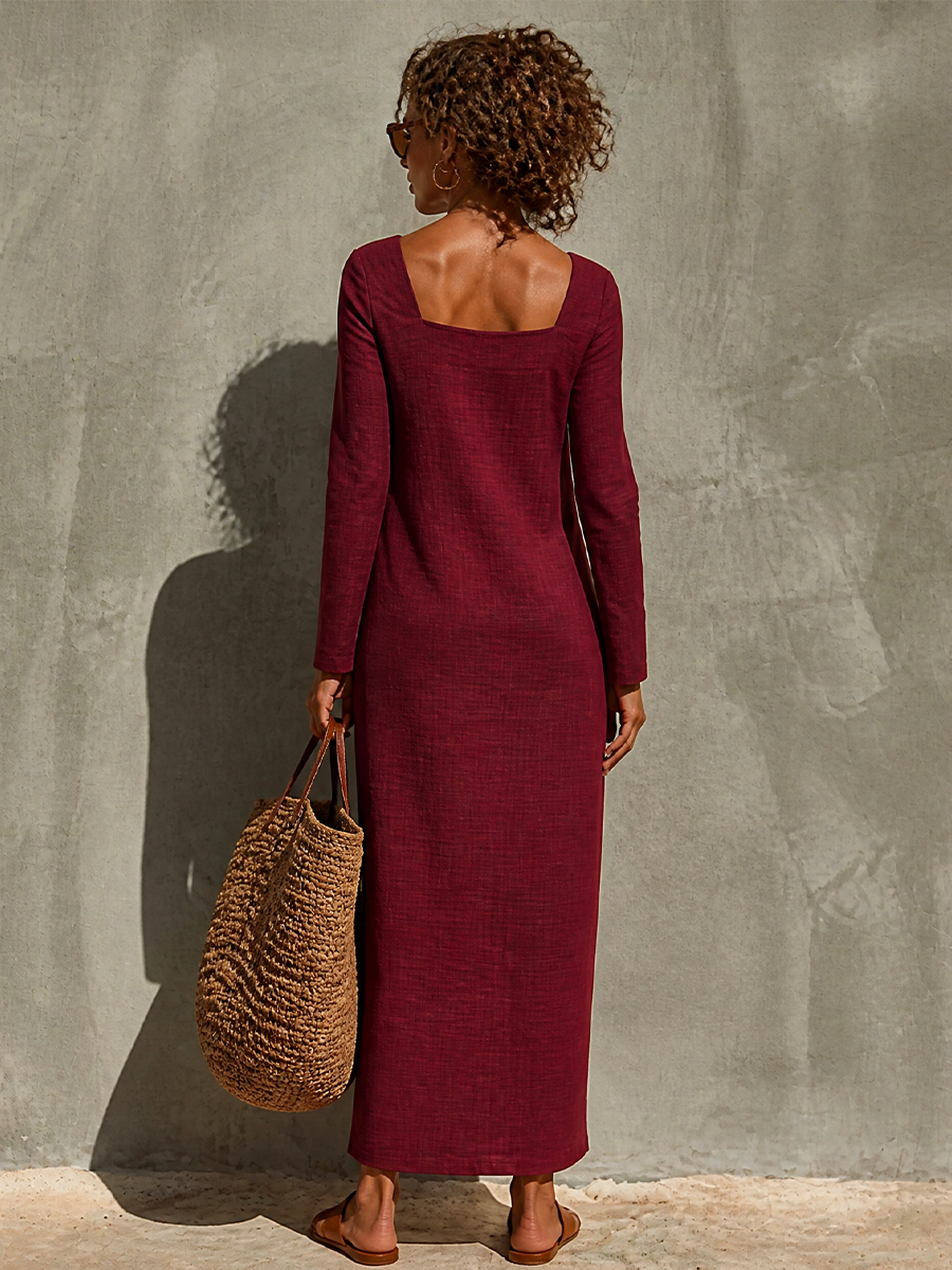 Women's Minimalist Solid Linen Holiday Square Neck Long Sleeve Dress MDZ0553H2LYL
