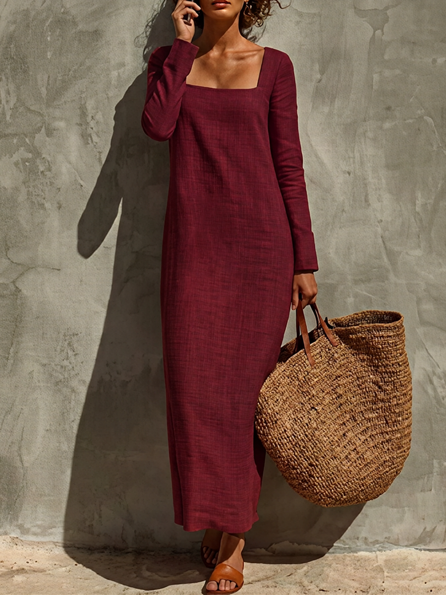 Women's Minimalist Solid Linen Holiday Square Neck Long Sleeve Dress MDZ0553H2LYL