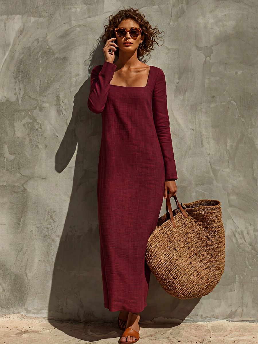 Women's Minimalist Solid Linen Holiday Square Neck Long Sleeve Dress MDZ0553H2LYL