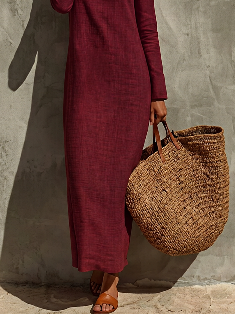 Women's Minimalist Solid Linen Holiday Square Neck Long Sleeve Dress MDZ0553H2LYL