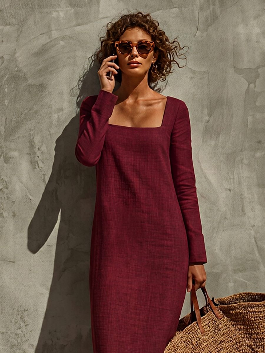 Women's Minimalist Solid Linen Holiday Square Neck Long Sleeve Dress MDZ0553H2LYL