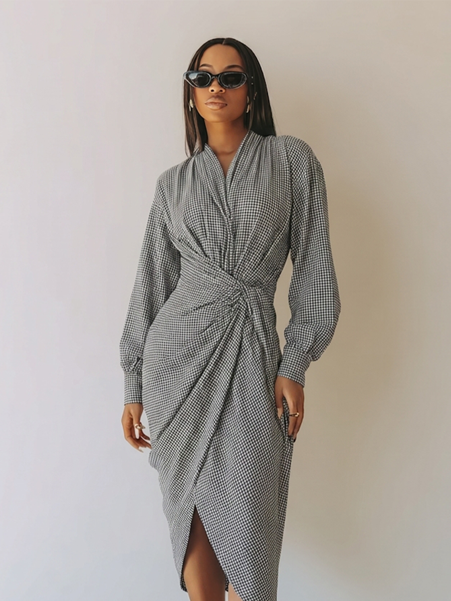 Women's Waist Twist Plaid Elegant Commuter V Neck Long Sleeve Midi Dress MDZ0514H0LYL