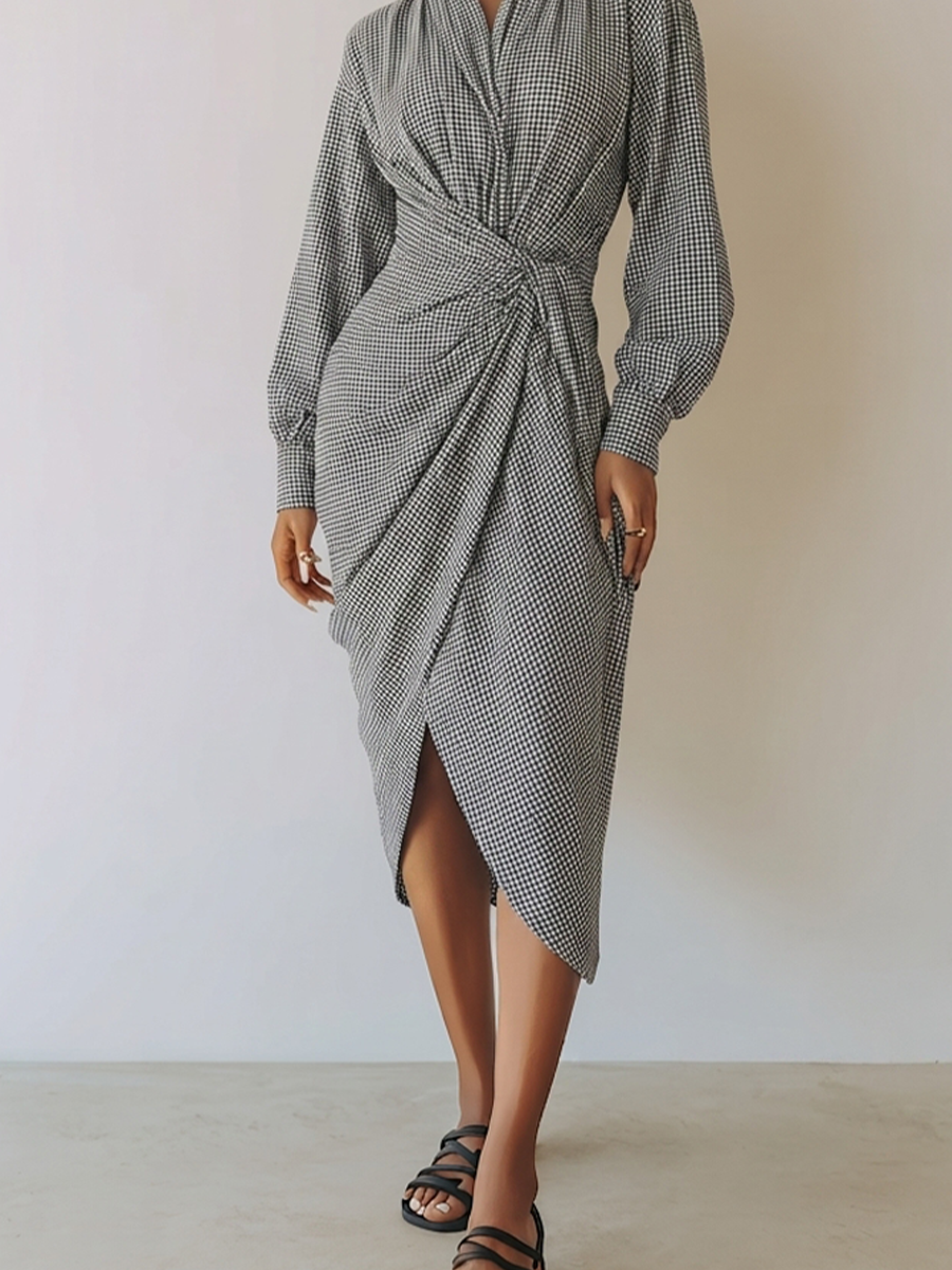 Women's Waist Twist Plaid Elegant Commuter V Neck Long Sleeve Midi Dress MDZ0514H0LYL
