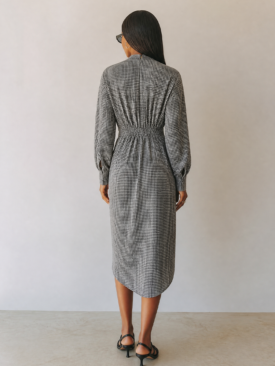 Women's Waist Twist Plaid Elegant Commuter V Neck Long Sleeve Midi Dress MDZ0514H0LYL