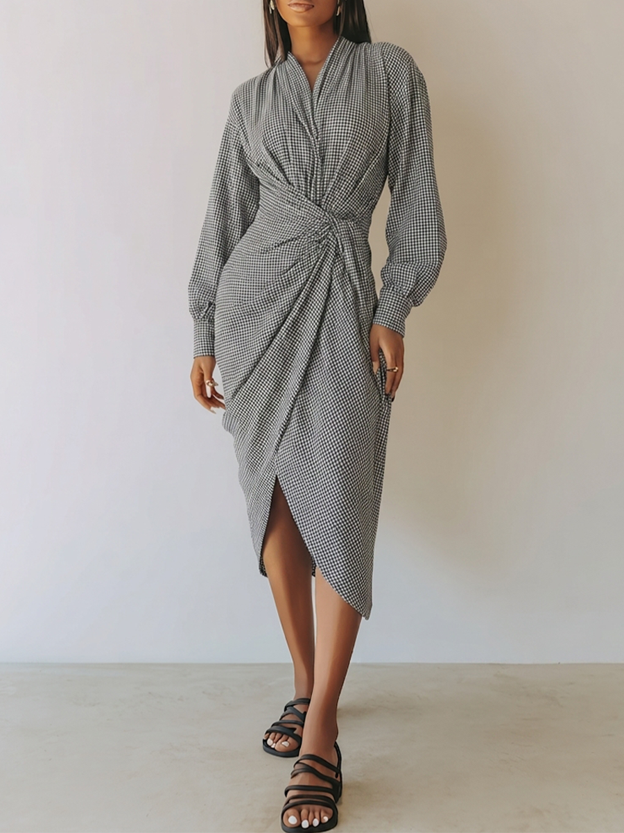 Women's Waist Twist Plaid Elegant Commuter V Neck Long Sleeve Midi Dress MDZ0514H0LYL