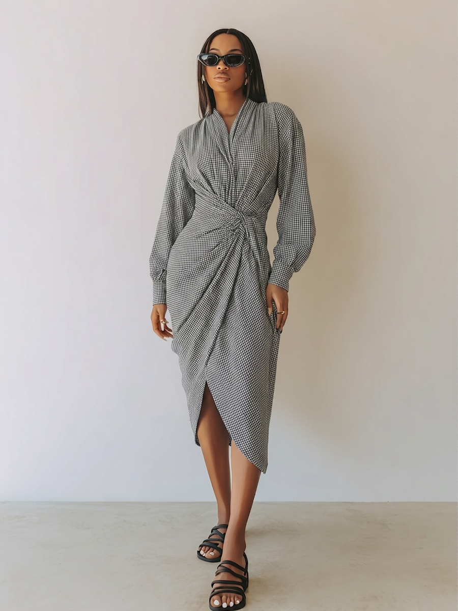 Women's Waist Twist Plaid Elegant Commuter V Neck Long Sleeve Midi Dress MDZ0514H0LYL