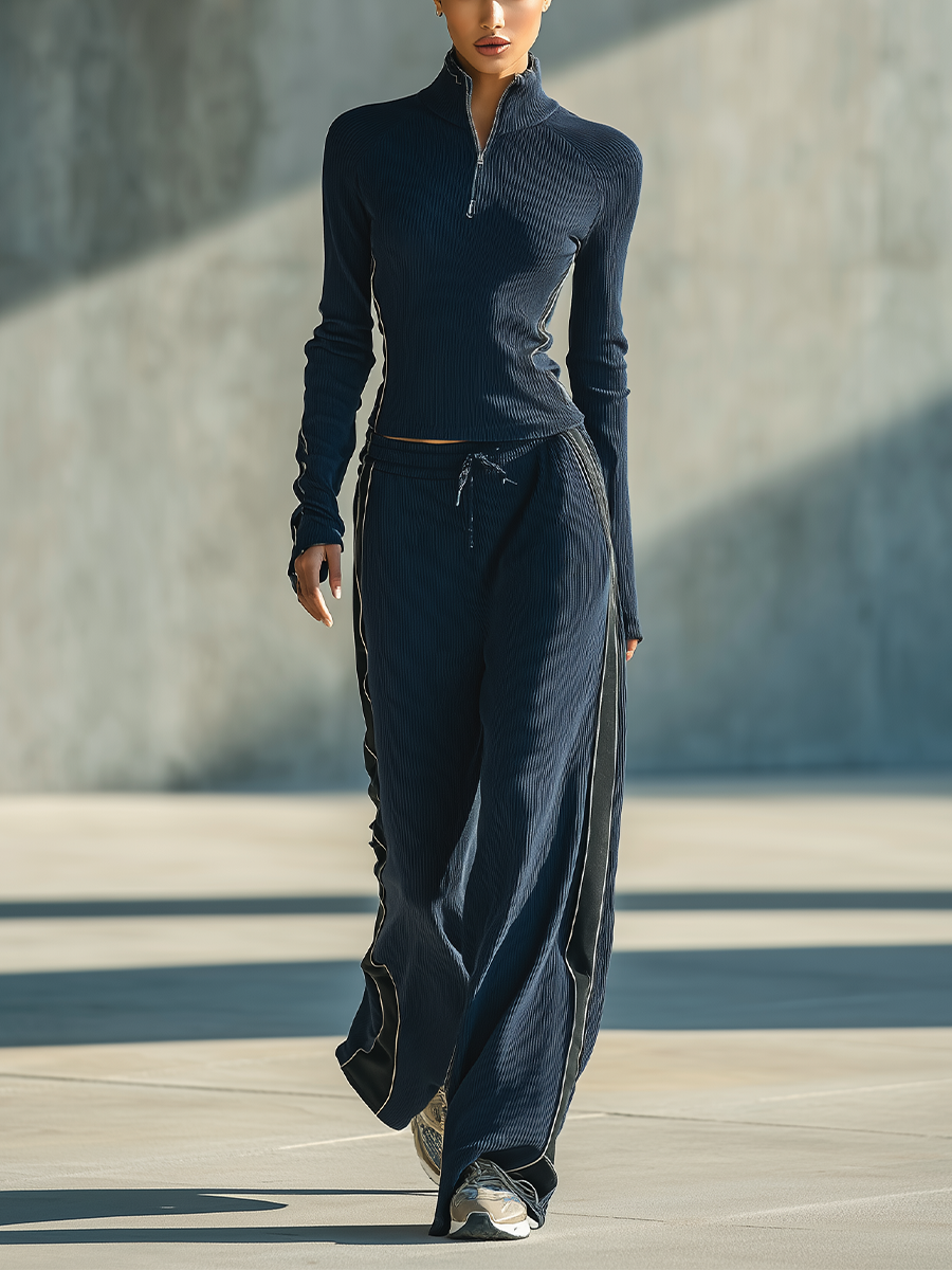 Women's Quarter Zip Ribbed Wide Leg Navy Set MDZ0562H1YZJ