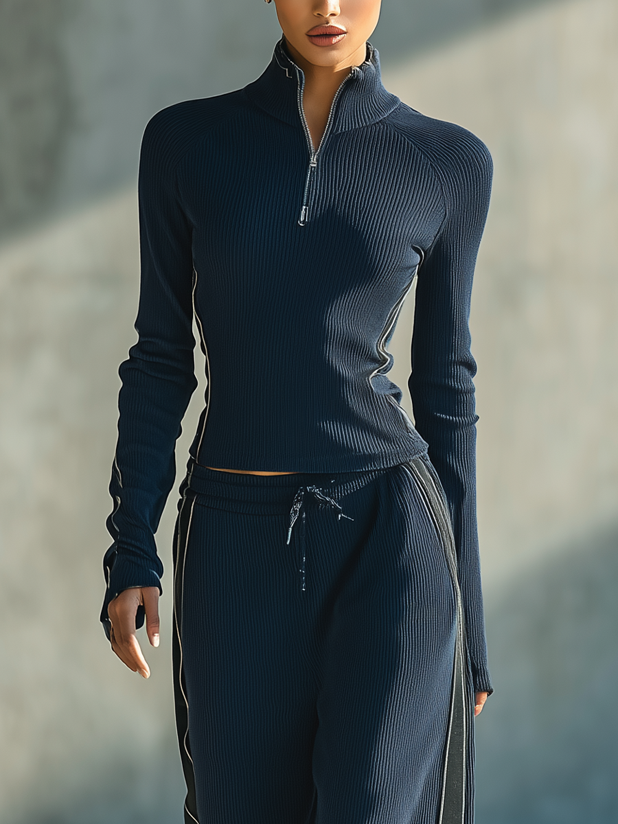 Women's Quarter Zip Ribbed Wide Leg Navy Set MDZ0562H1YZJ