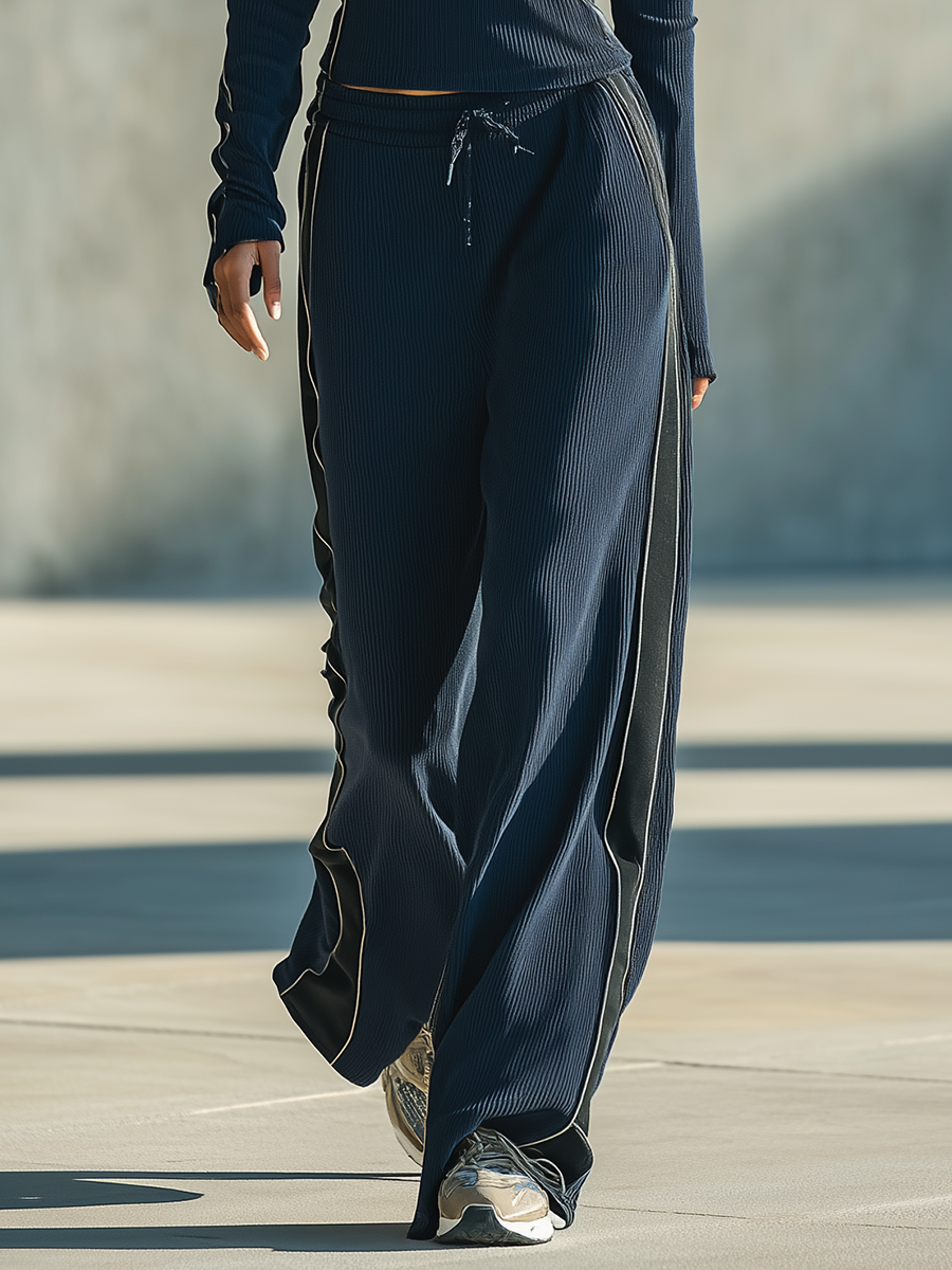 Women's Quarter Zip Ribbed Wide Leg Navy Set MDZ0562H1YZJ