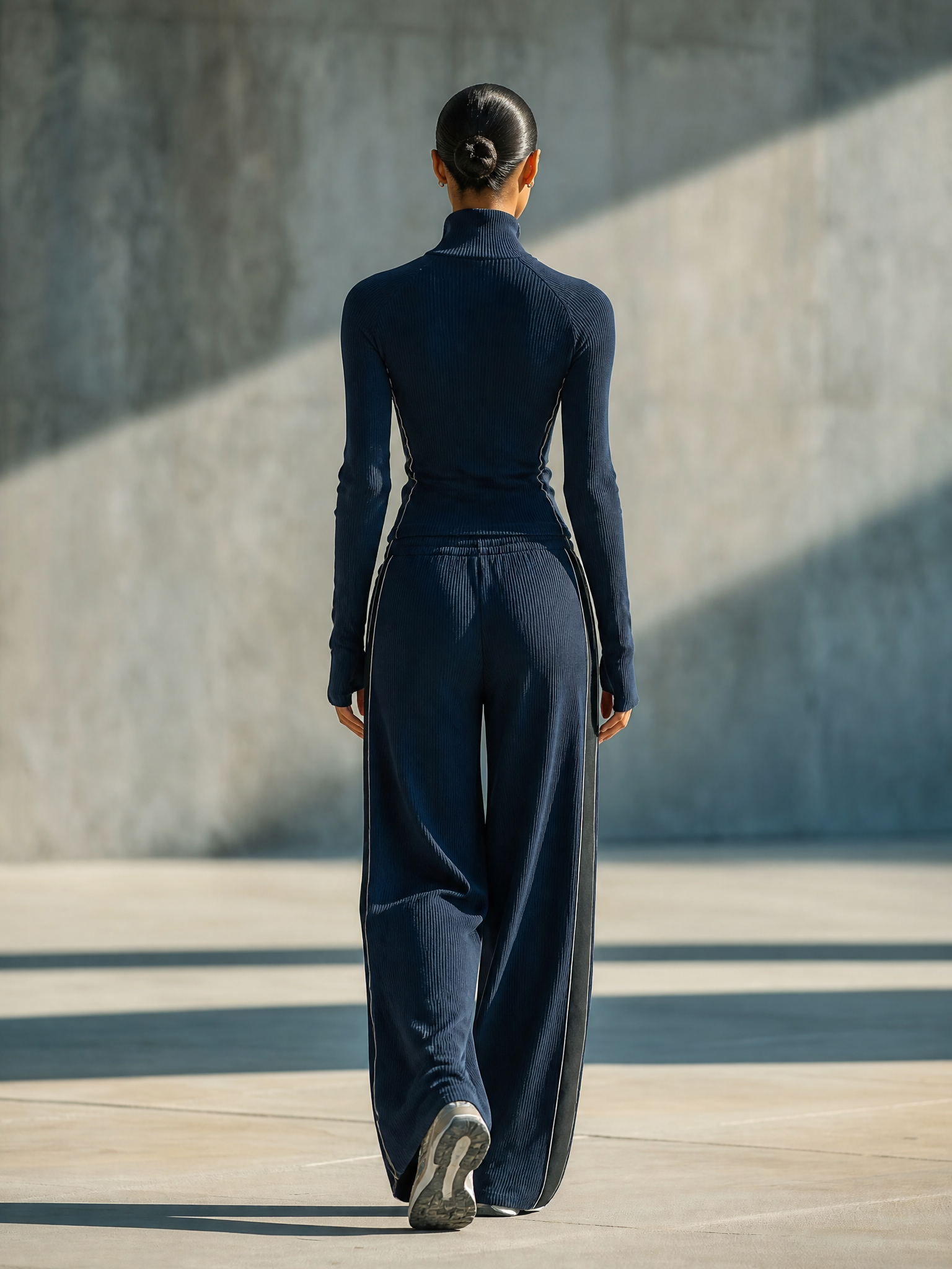 Women's Quarter Zip Ribbed Wide Leg Navy Set MDZ0562H1YZJ