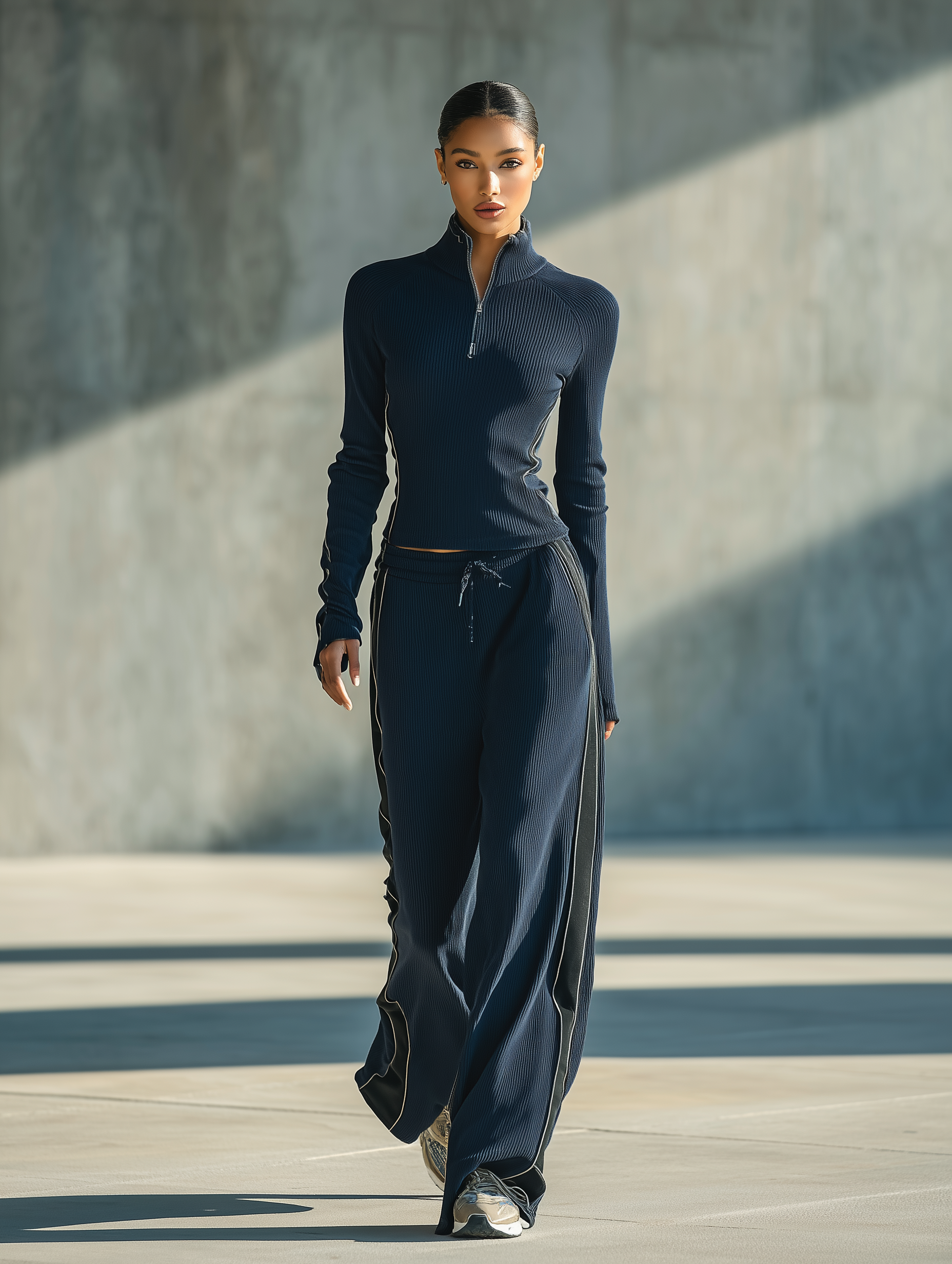 Women's Quarter Zip Ribbed Wide Leg Navy Set MDZ0562H1YZJ