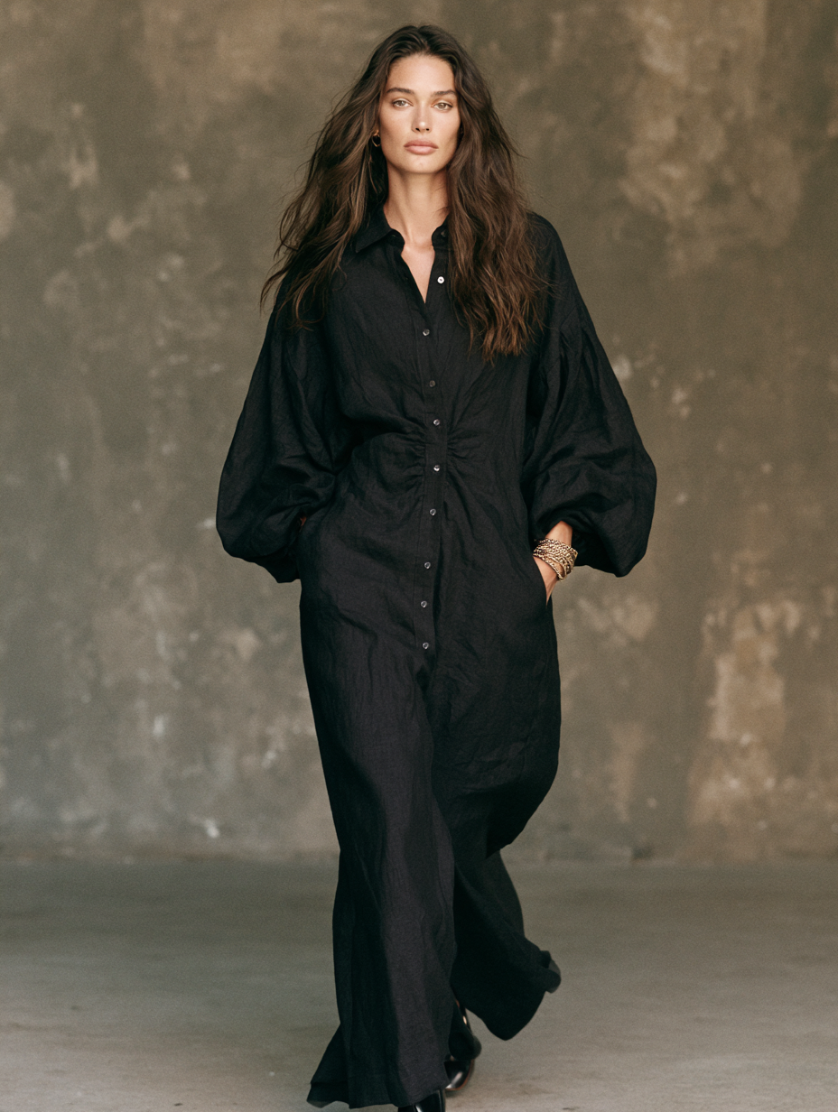 Women's Casual Black Long-sleeved Woven Maxi Dress MDZ0579H9LXY