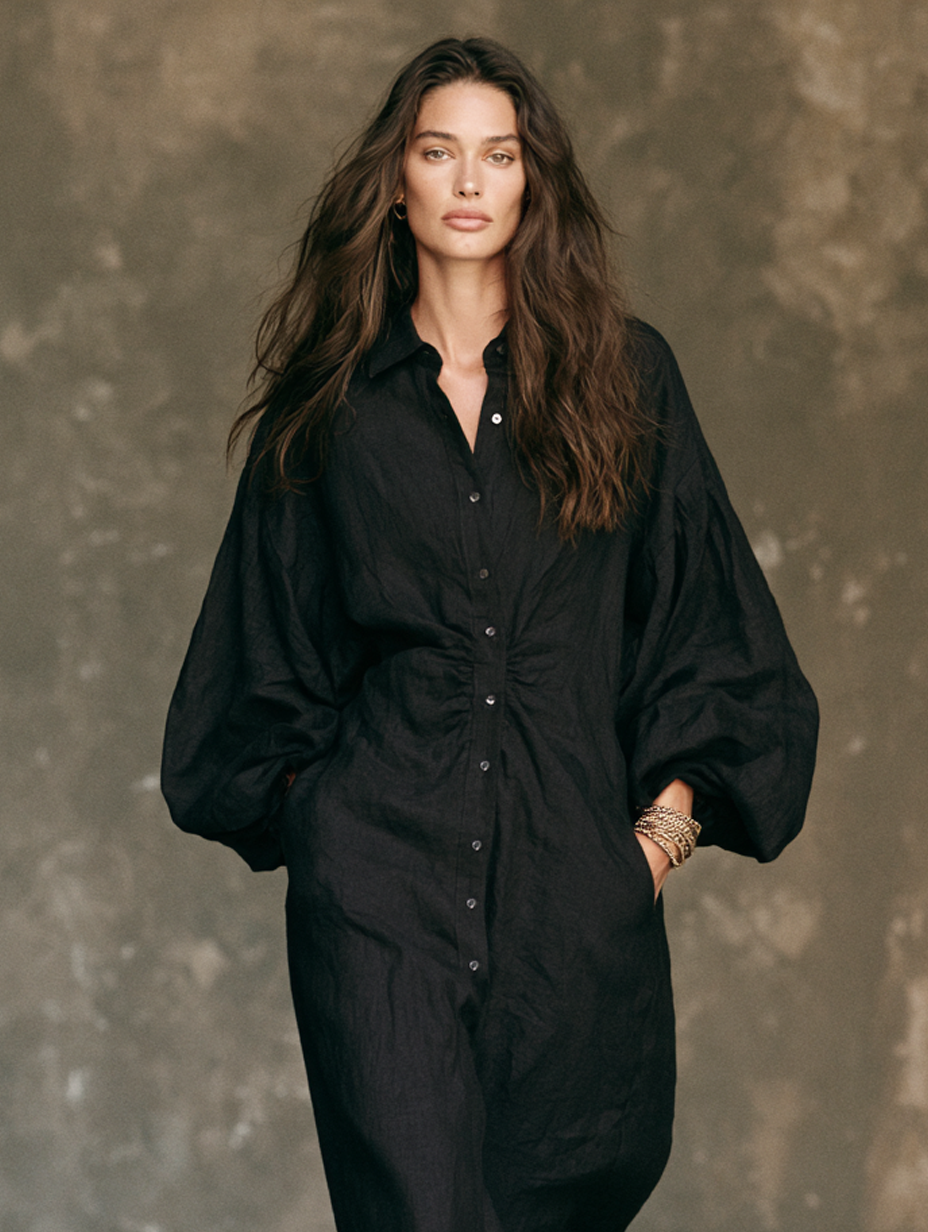 Women's Casual Black Long-sleeved Woven Maxi Dress MDZ0579H9LXY