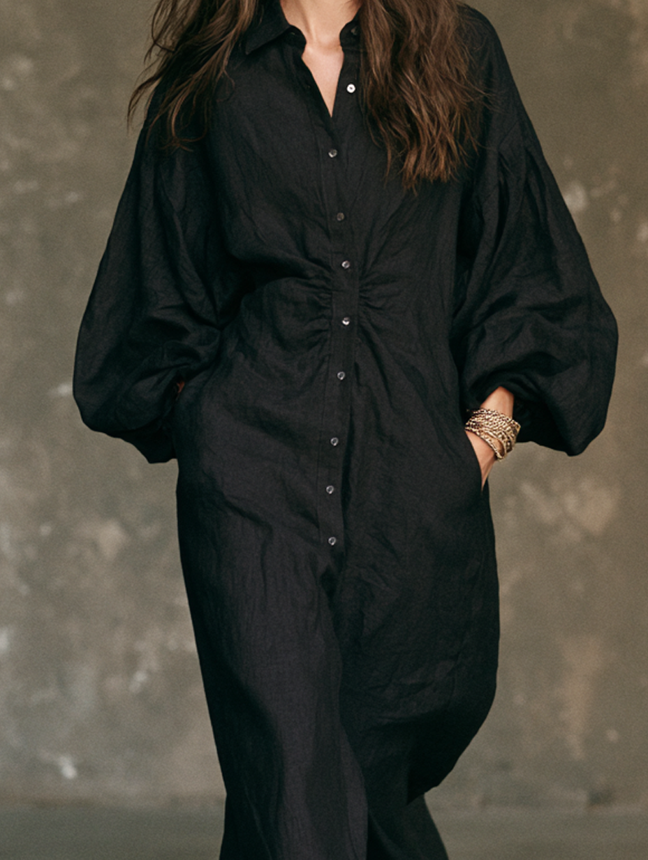 Women's Casual Black Long-sleeved Woven Maxi Dress MDZ0579H9LXY