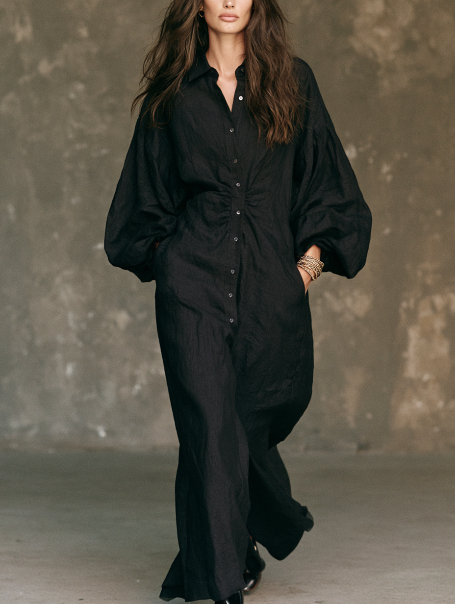 Women's Casual Black Long-sleeved Woven Maxi Dress MDZ0579H9LXY