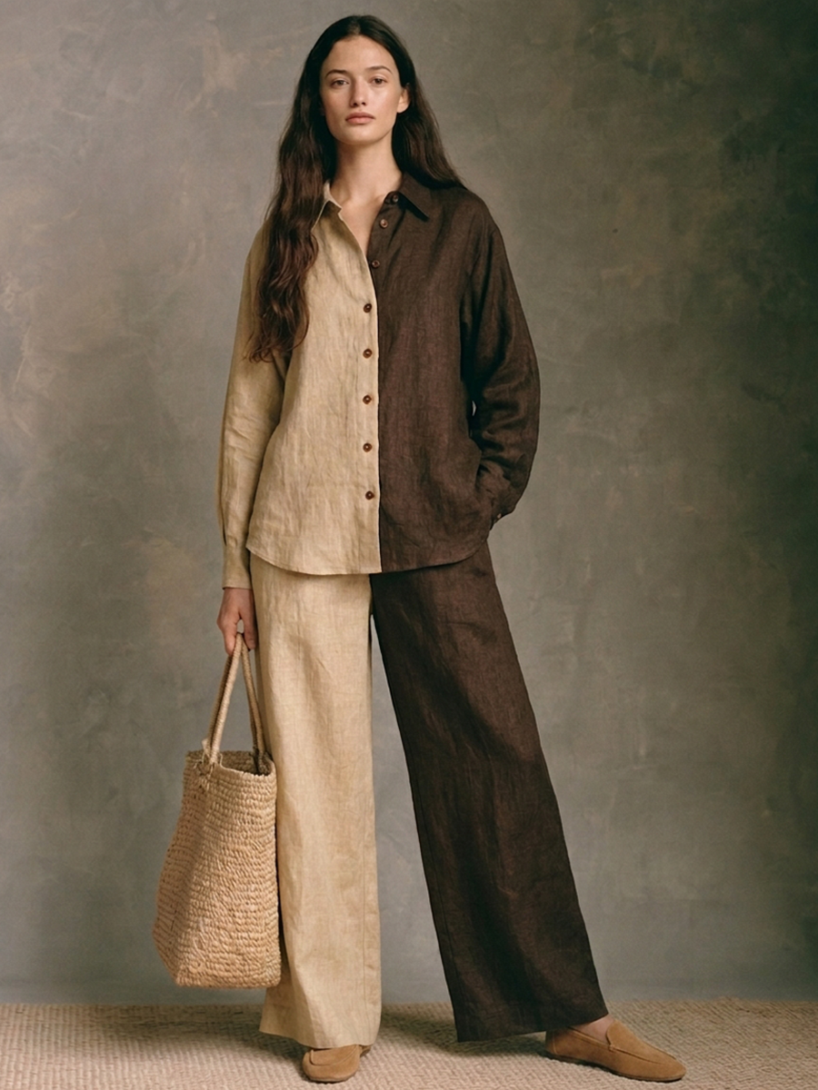Women's Color-Block Cotton-Linen Shirt & Wide-Leg Trouser Set MDZ0527H3ZRK