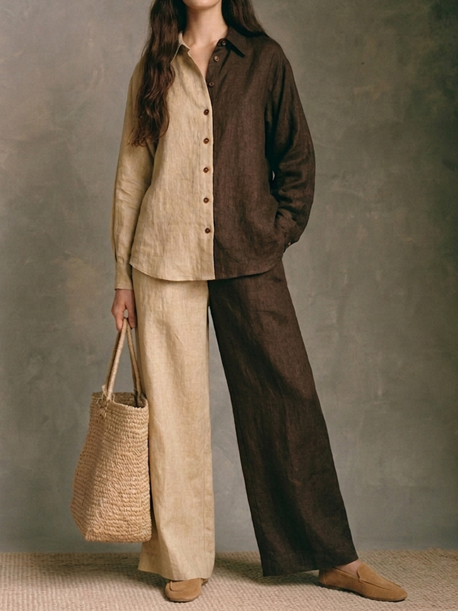 Women's Color-Block Cotton-Linen Shirt & Wide-Leg Trouser Set MDZ0527H3ZRK