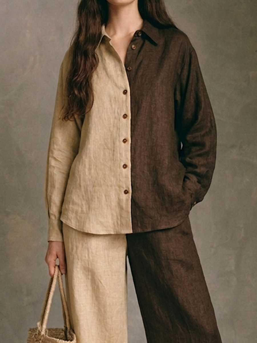Women's Color-Block Cotton-Linen Shirt & Wide-Leg Trouser Set MDZ0527H3ZRK