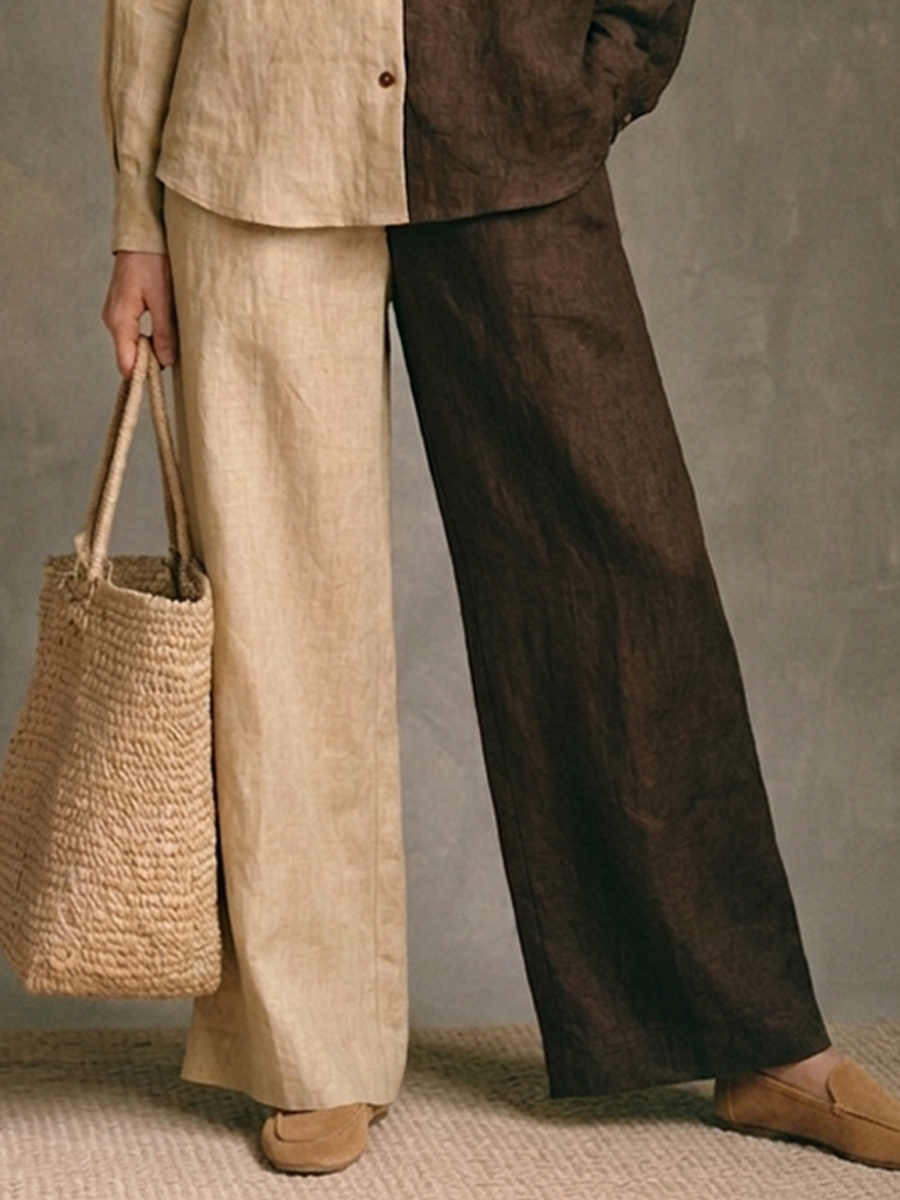 Women's Color-Block Cotton-Linen Shirt & Wide-Leg Trouser Set MDZ0527H3ZRK