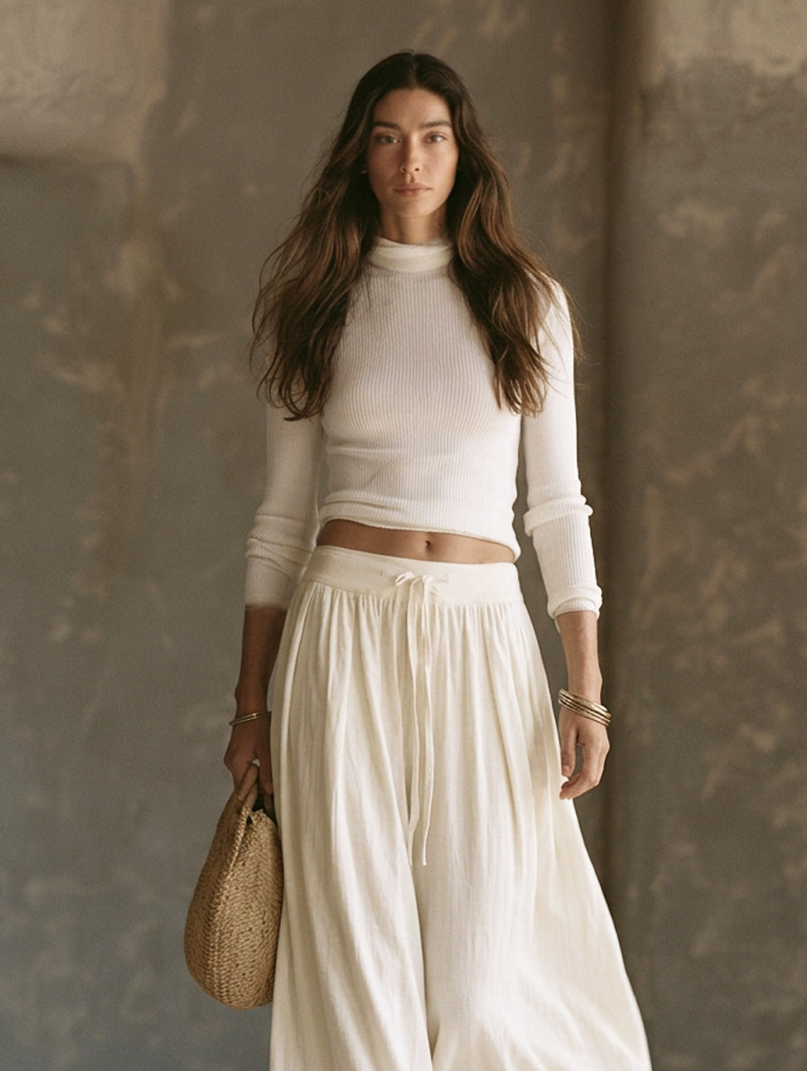 Women's Casual Beige Long-sleeved Knit Top Paired With Cotton-linen Trousers MDZ0523H2LXY