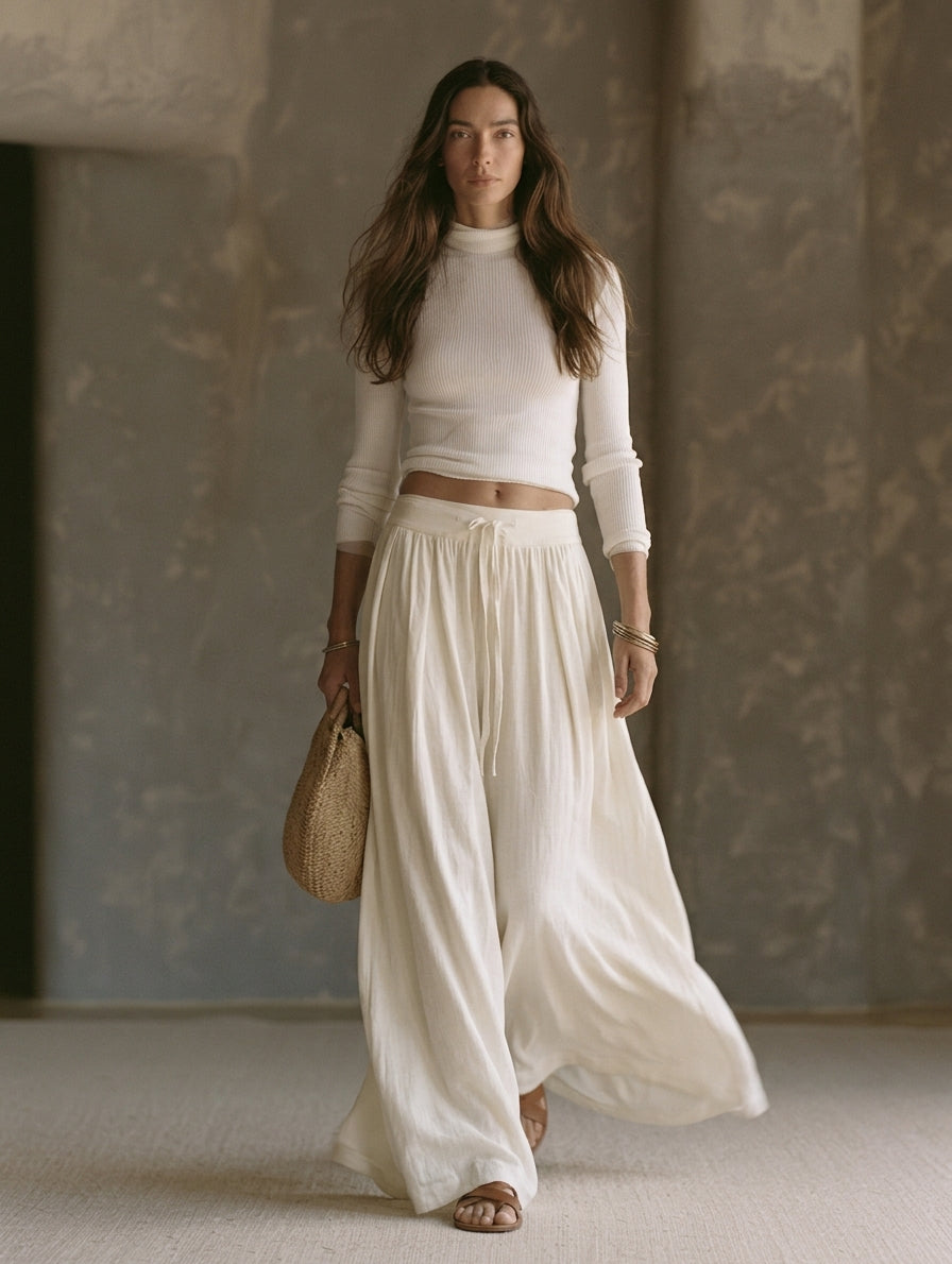 Women's Casual Beige Long-sleeved Knit Top Paired With Cotton-linen Trousers MDZ0523H2LXY