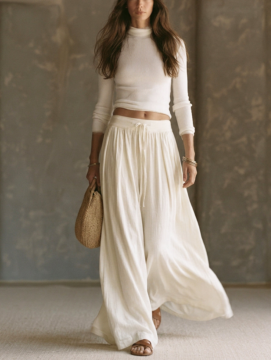 Women's Casual Beige Long-sleeved Knit Top Paired With Cotton-linen Trousers MDZ0523H2LXY
