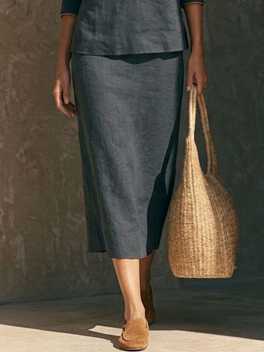 Women's Cotton-Linen Set – Collared Top & Midi Skirt With Contrast Piping MDZ0500H1ZRK
