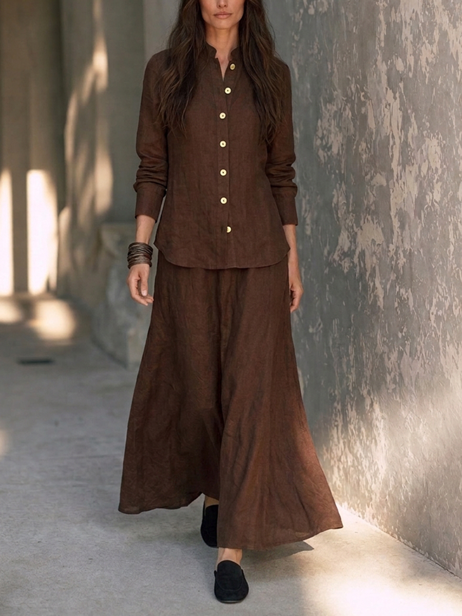 Women's Cotton-Linen Set – Stand-Collar Long-Sleeve Shirt & Full-Sweep Skirt MDZ0522H1ZRK