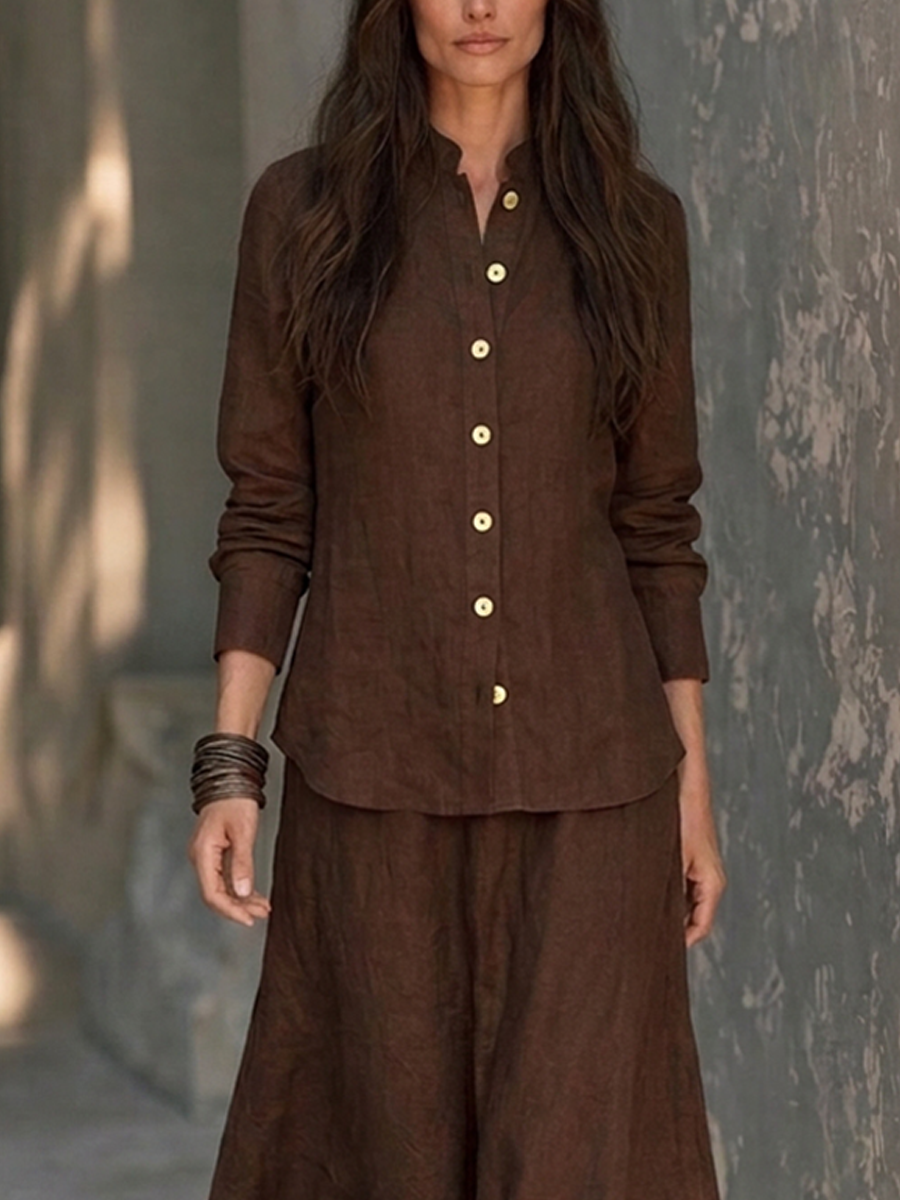 Women's Cotton-Linen Set – Stand-Collar Long-Sleeve Shirt & Full-Sweep Skirt MDZ0522H1ZRK