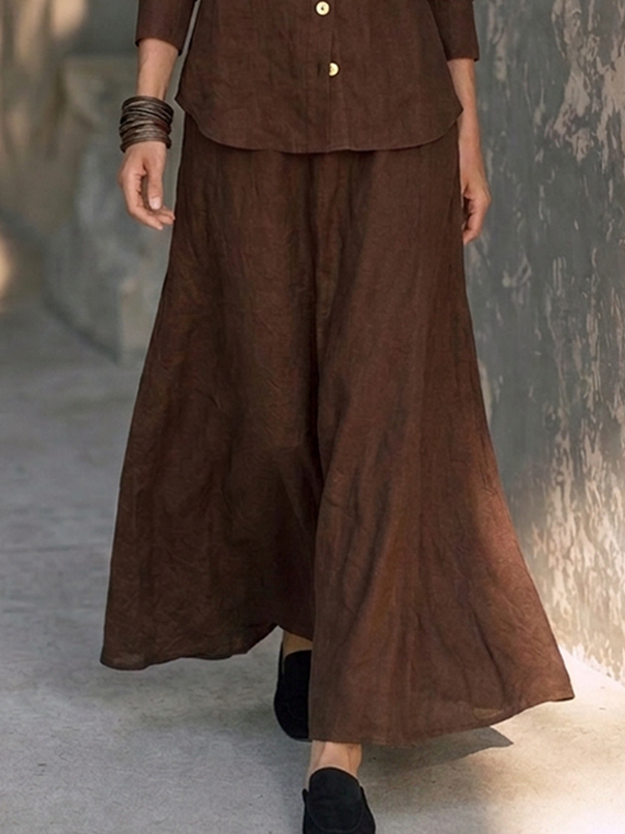 Women's Cotton-Linen Set – Stand-Collar Long-Sleeve Shirt & Full-Sweep Skirt MDZ0522H1ZRK