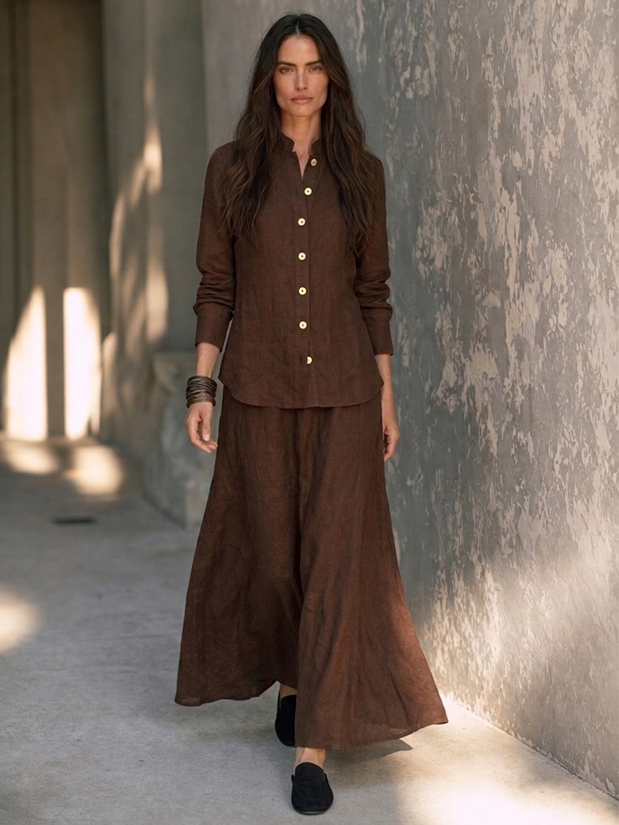 Women's Cotton-Linen Set – Stand-Collar Long-Sleeve Shirt & Full-Sweep Skirt MDZ0522H1ZRK