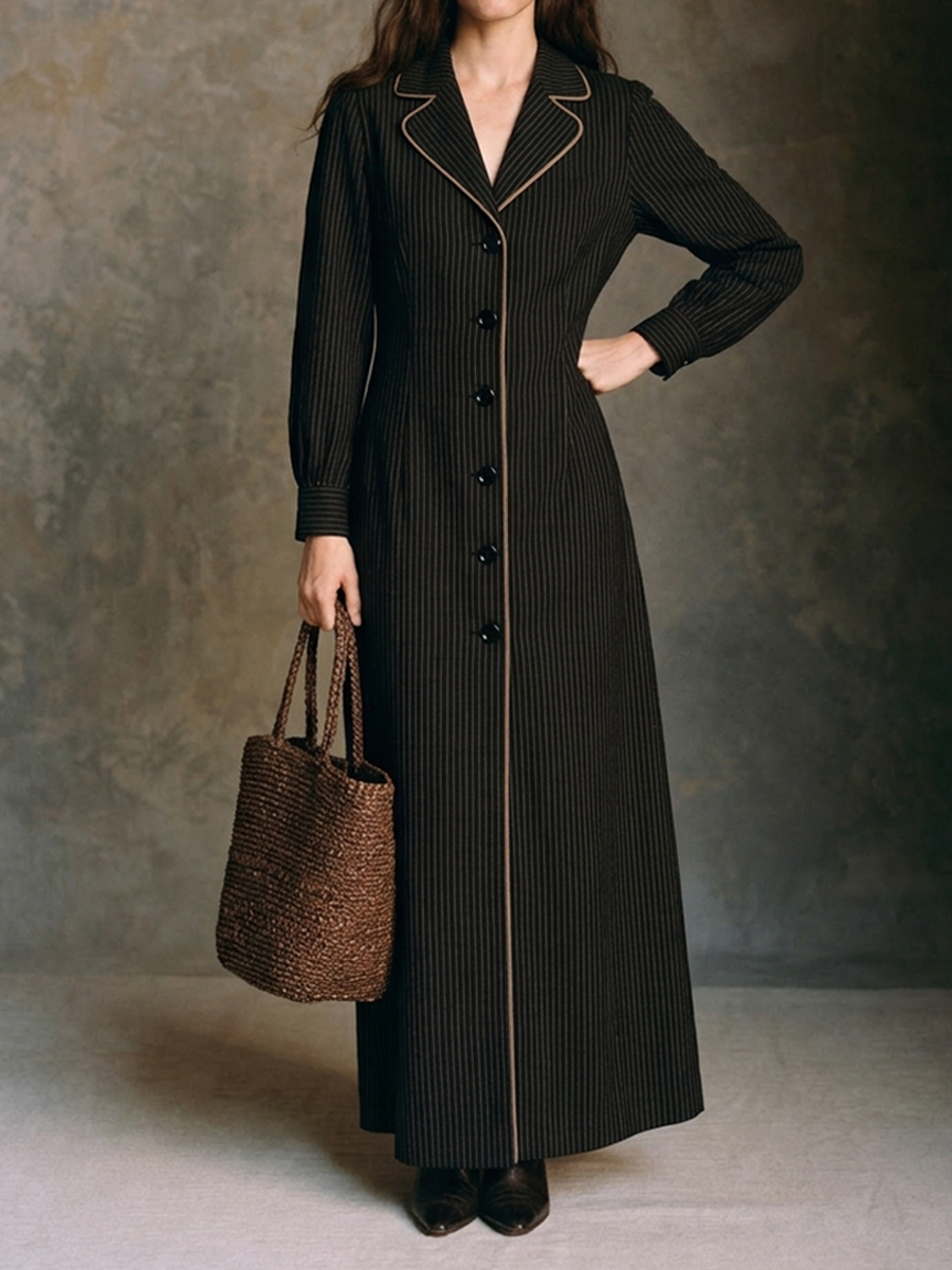 Women's Elegant Vertical-Stripe Long Dress with Suit-Style Collar MDZ0547H8ZRK