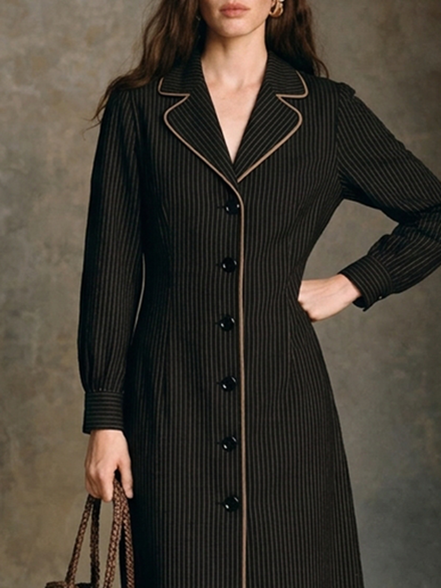 Women's Elegant Vertical-Stripe Long Dress with Suit-Style Collar MDZ0547H8ZRK