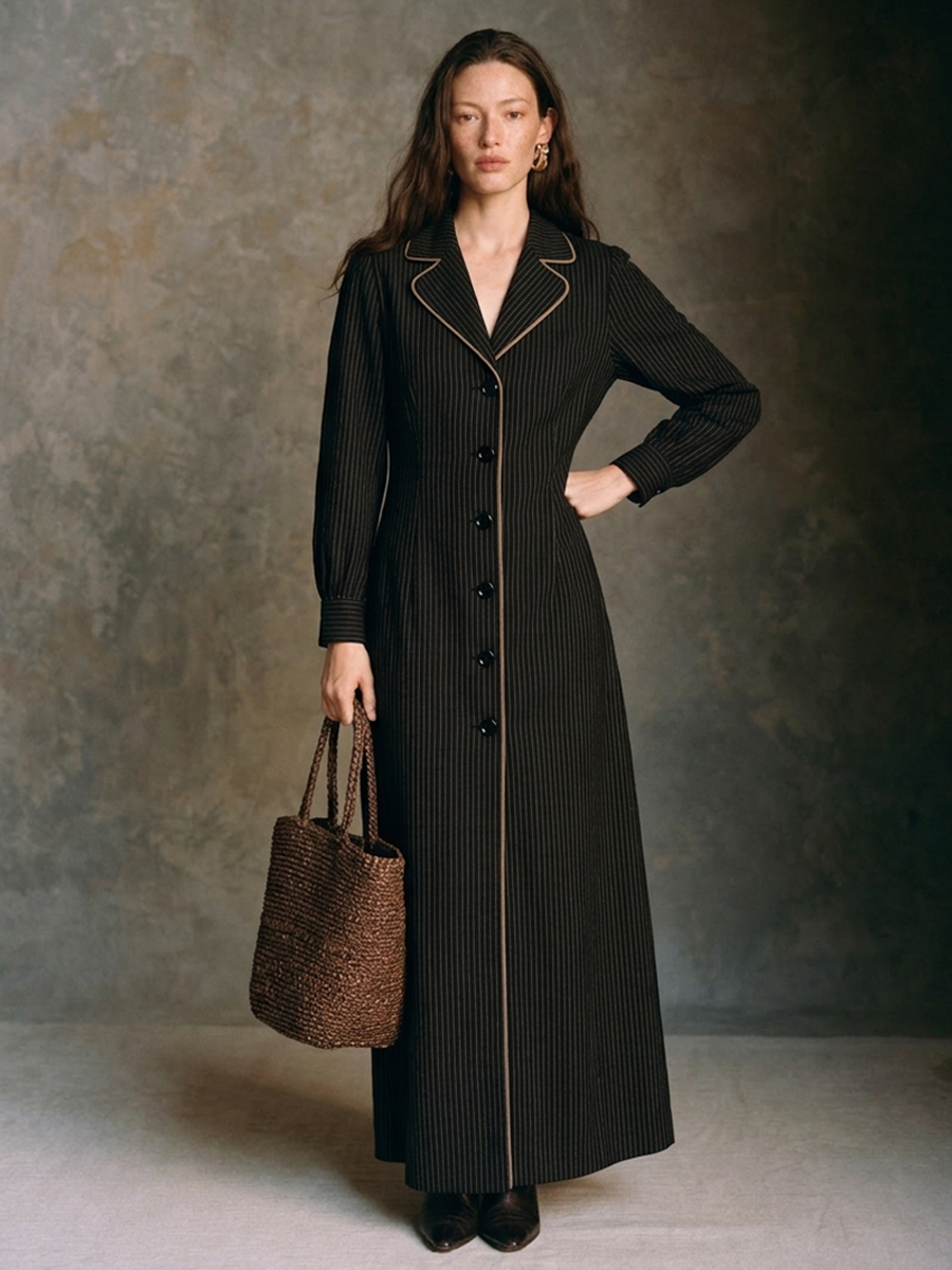 Women's Elegant Vertical-Stripe Long Dress with Suit-Style Collar MDZ0547H8ZRK