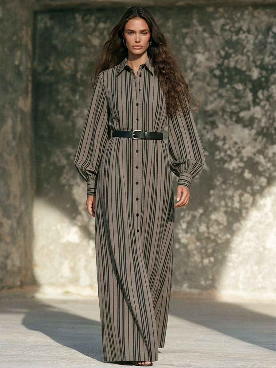 Women's Vertical-Stripe Collared Lantern-Sleeve Shirt Maxi Dress MDZ0507H4ZRK