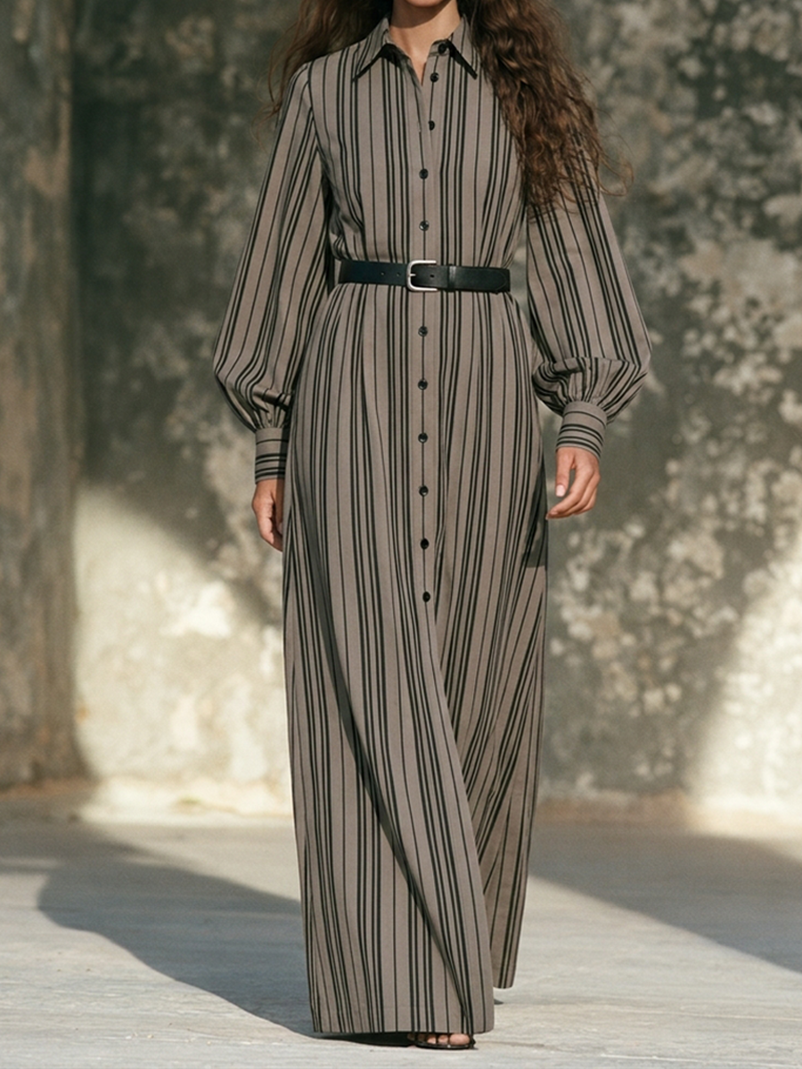 Women's Vertical-Stripe Collared Lantern-Sleeve Shirt Maxi Dress MDZ0507H4ZRK