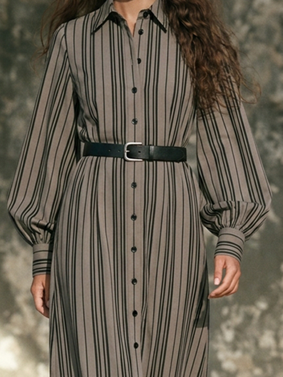Women's Vertical-Stripe Collared Lantern-Sleeve Shirt Maxi Dress MDZ0507H4ZRK